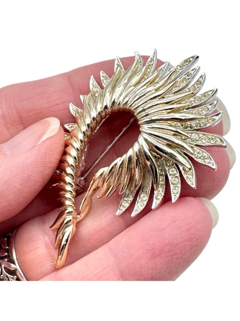 Vintage Marcel Boucher Brooch Gold Tone Rhodium Plated Fern Feather Rhinestones - Picture 6 of 14
